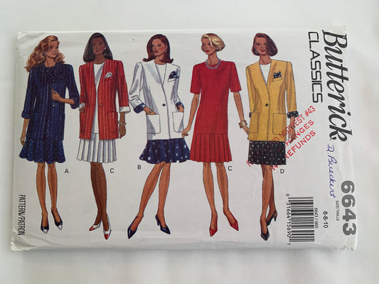 Butterick Sewing Pattern 6643 Misses' Petite Jacket, Dress, Loose-Fitting, Shoulder Pads, Zipper Back, Pockets, Size 6-10, Uncut, Vintage 1993