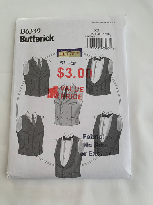 Butterick Sewing Pattern B6339 Men's Costume Vest, Close-Fitting, Lined, Button Front, Collar, 5 Variations, Size 46-56, Uncut, 2016