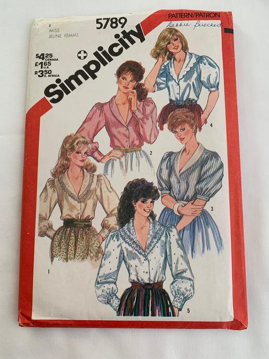 Simplicity Sewing Pattern 5789 Misses' Blouses, Shirts, Button Front, Long/Short Sleeves, Shawl Collar, 5 Variations, Size 8, Uncut, Vintage 1982