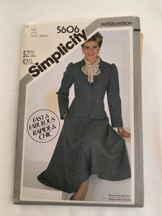 Simplicity Sewing Pattern 5606 Misses' Skirt, Unlined Jacket, Flared, Long Sleeves, Pockets, Button Front, Size 6-8, Uncut, Vintage 1982