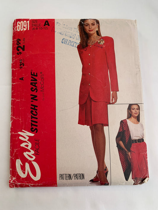 McCall's Stitch 'n Save Sewing Pattern 6091 Misses' Unlined Jacket, Skirt, Top, Shoulder Pads, Pockets, Size 6-12, Uncut, Vintage 1992