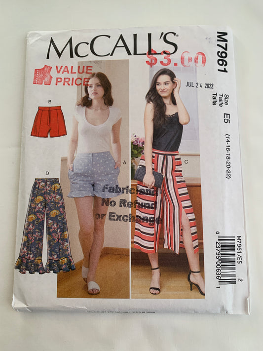 McCall's Sewing Pattern M7961 Misses' Pants, Shorts, Pockets, Semi-Fitted, Zipper Front, Flounce, Size 14-22, Uncut, 2019