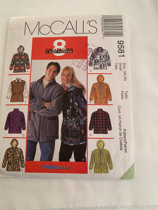 McCall's Sewing Pattern 9581 Misses'/Men's Unisex Jacket, Zipper Front, Pockets, Elastic Waist, Hood, Size 34-36, Uncut, Vintage 1998