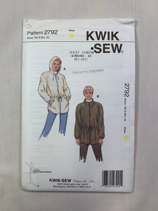 KWIK Sewing Pattern 2792 Misses' Jackets, Zipper Front, Hood, Elastic Waist, Pockets, Size XS-M, Cut, Vintage 1999