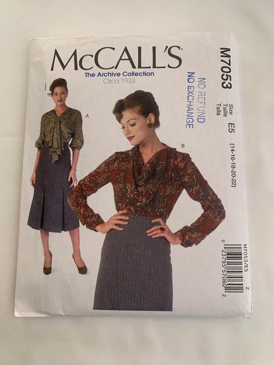 McCall's Sewing Pattern M7053 Misses' Blouses, Tops, Long/Short Sleeves, Collar, Button Front, 2 Variations, Size 6-22, Uncut, 2014