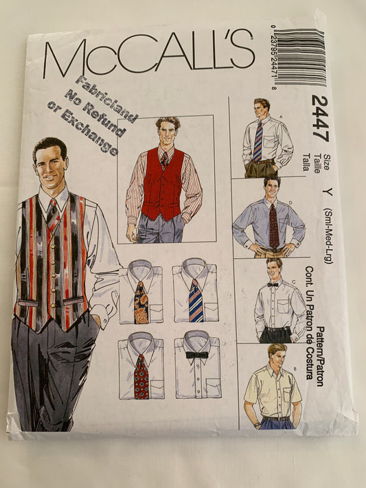 McCall's Sewing Pattern 2447 Men's Shirts, Lined Vest, Tie, Two Lengths, Bow, Long/Short Sleeves, Collar, Pocket, Size 34-56, Uncut, Vintage 1999