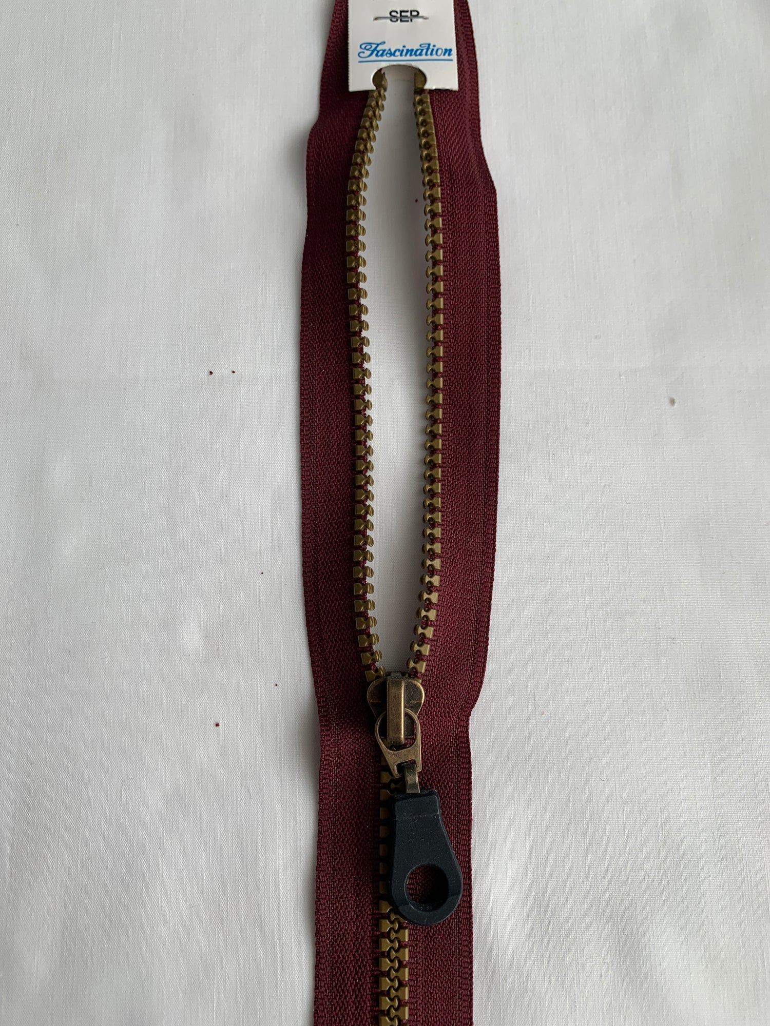 Molded Plastic Zipper, Separating, 12 Inch, Burgandy Color, Black Pull, New