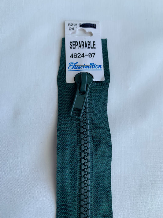 Molded Plastic Zipper, Separating, 24 Inch, Forest Green Color, Green Pull, New