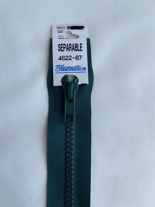 Molded Plastic Zipper, Separating, 22 Inch, Forest Green Color, Black Pull, New