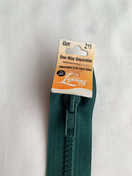 Molded Plastic Zipper, Separating, 26 Inch, Forest Green Color, New