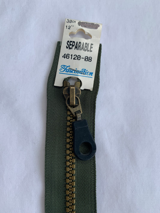 Molded Plastic Zipper, Separating, 12 Inch, Olive Green Color, New