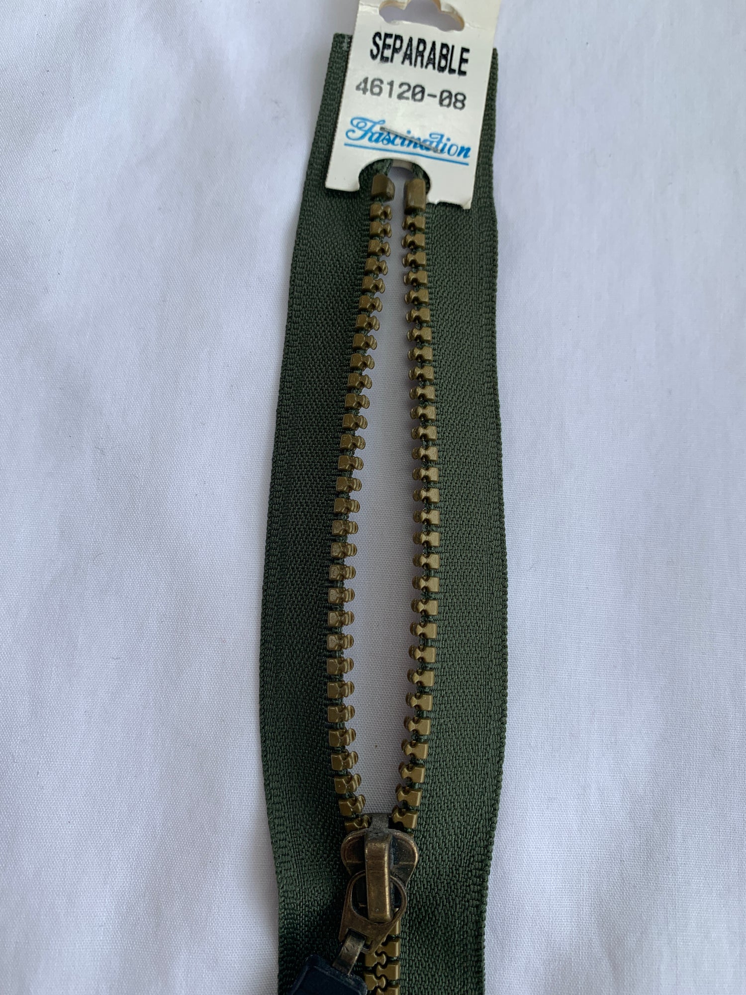 Molded Plastic Zipper, Separating, 12 Inch, Olive Green Color, New