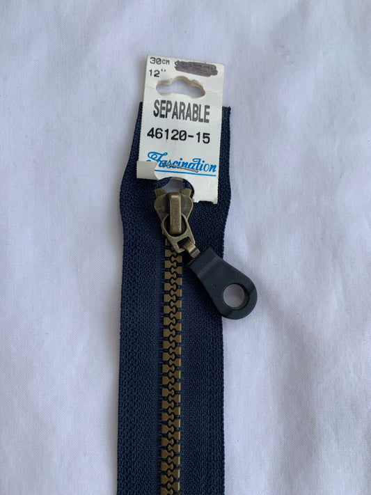 Molded Plastic Zipper, Separating, 12 Inch, Navy Blue Color, New