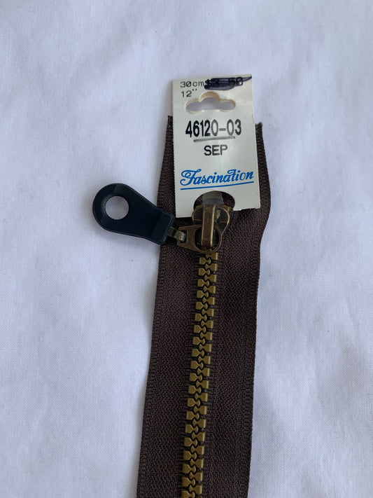 Molded Plastic Zipper, Separating, 12 Inch, Brown Color, New