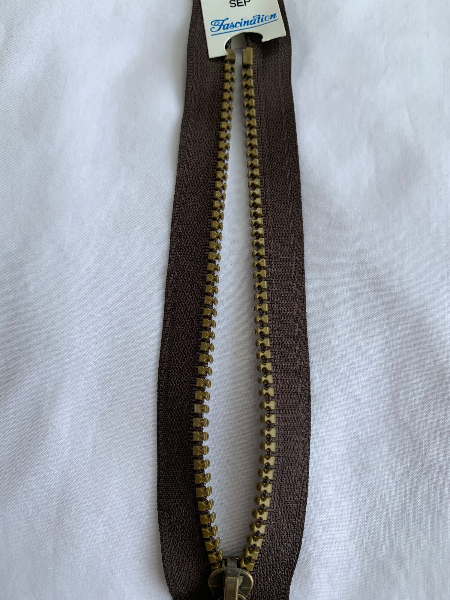 Molded Plastic Zipper, Separating, 12 Inch, Brown Color, New
