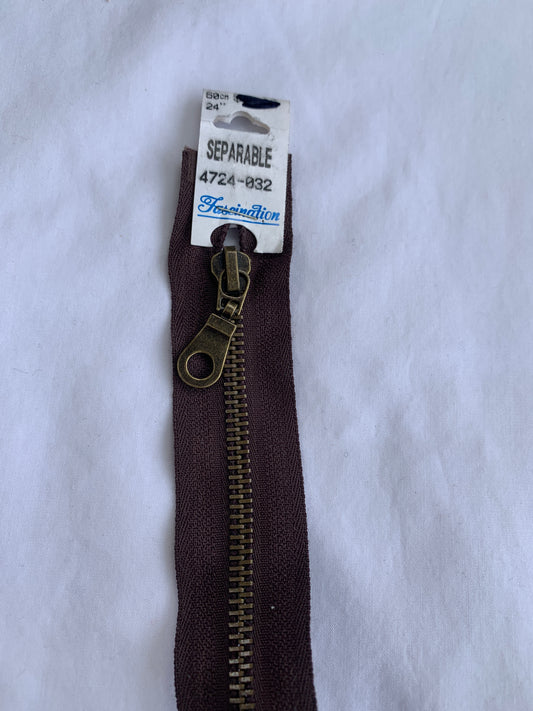 Metal Zipper, Separating, 24 Inch, Brown Color, New