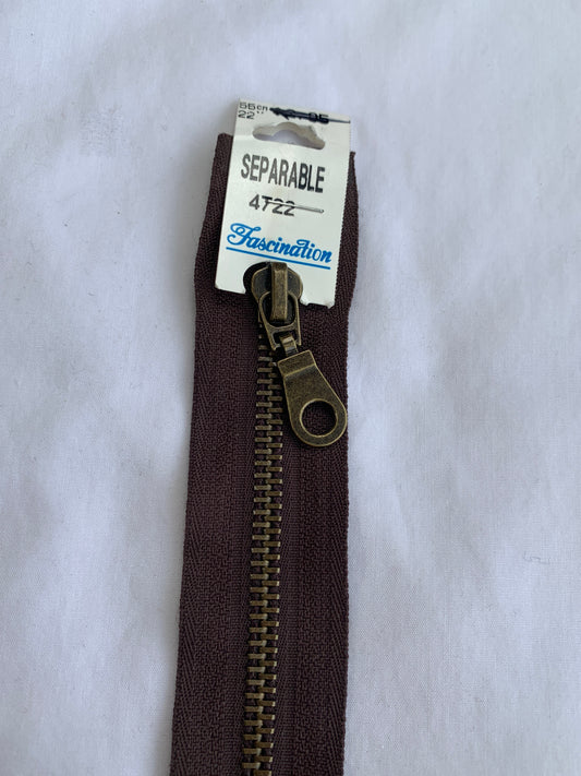 Metal Zipper, Separating, 22 Inch, Brown Color, New