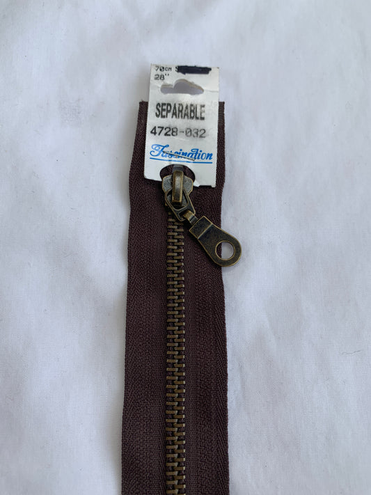 Metal Zipper, Separating, 28 Inch, Brown Color, New
