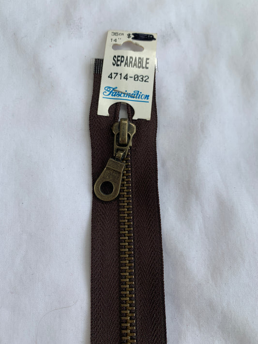 Metal Zipper, Separating, 14 Inch, Brown Color, New
