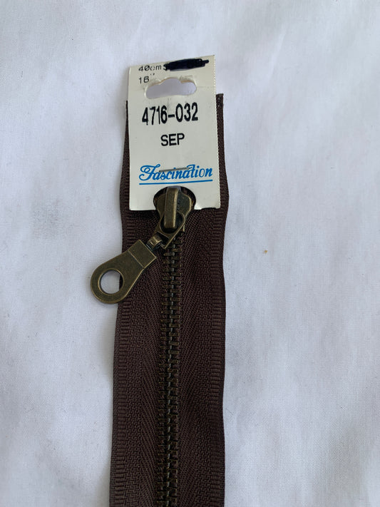Metal Zipper, Separating, 16 Inch, Brown Color, New