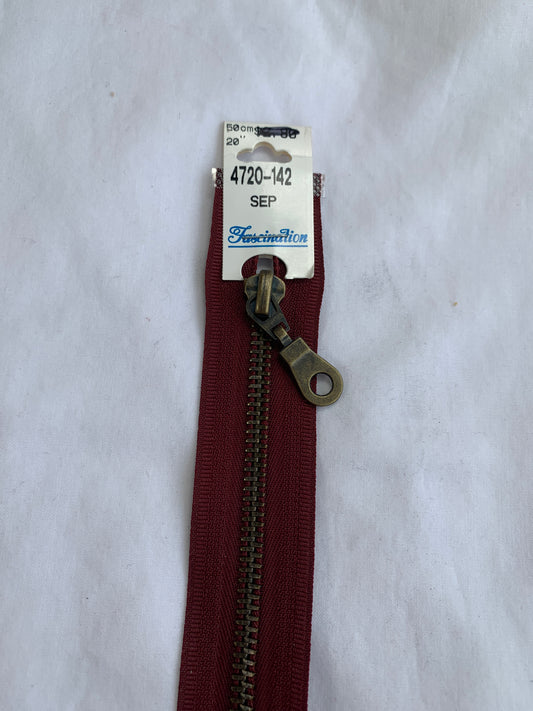 Metal Zipper, Separating, 20 Inch, Burgandy Color, New