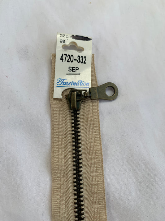 Metal Zipper, Separating, 20 Inch, Light Brown Color, New