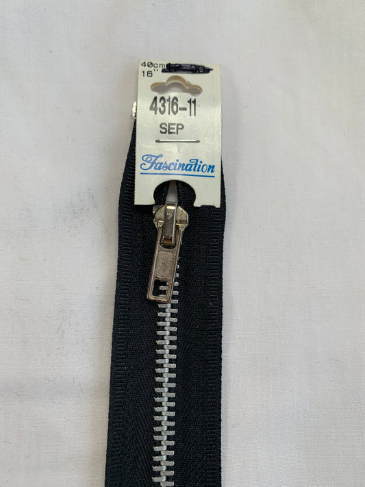 Metal Zipper, Separating, 16 Inch, Black Color, New