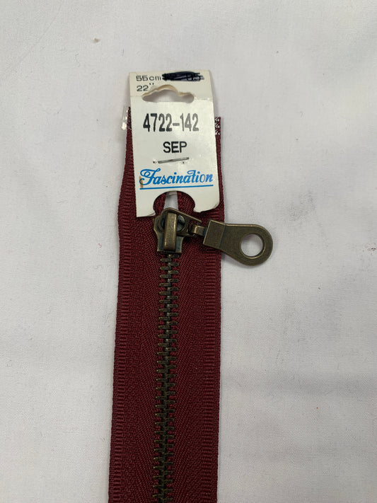 Metal Zipper, Separating, 22 Inch, Burgandy Color, New