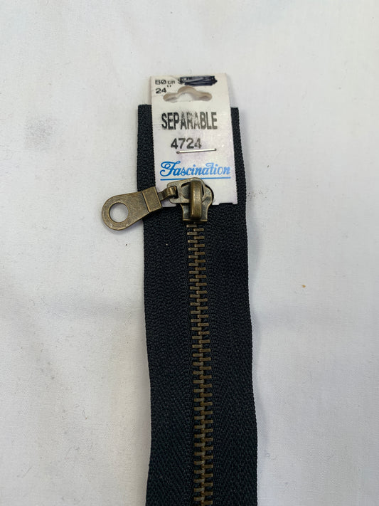 Metal Zipper, Separating, 24 Inch, Black Color, New