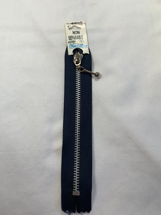 Metal Zipper, Separating, 6 Inch, Navy Blue Color, New