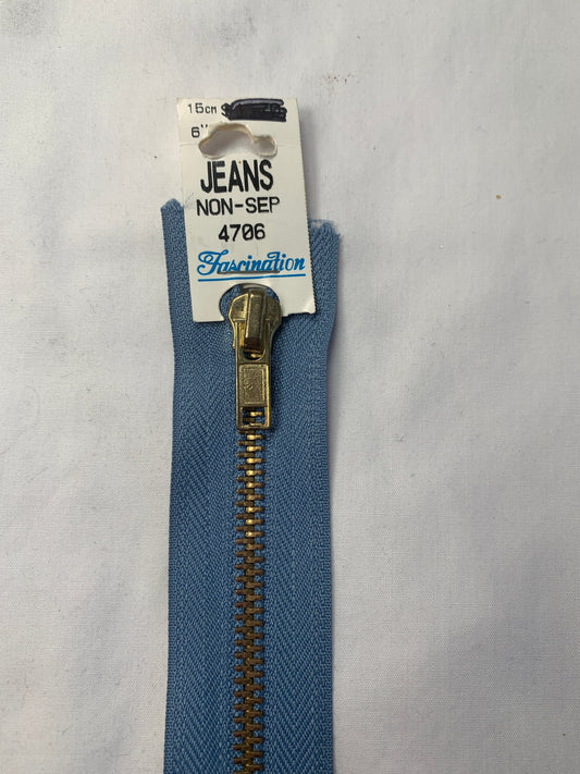 Metal Zipper, Non-Separating, 6 Inch, Light Blue Color, New