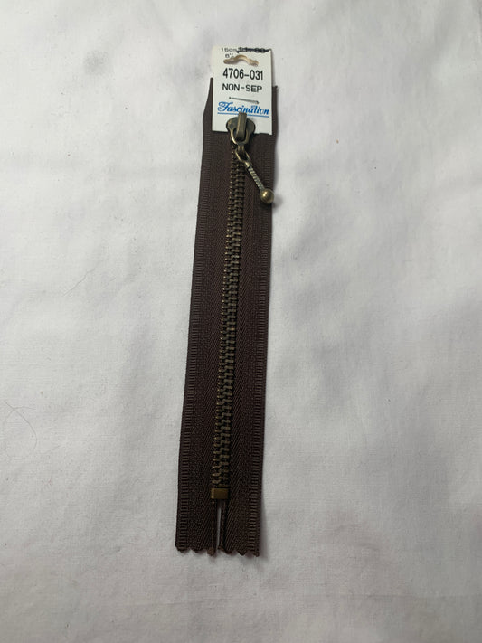 Metal Zipper, Non-Separating, 6 Inch, Brown Color, New