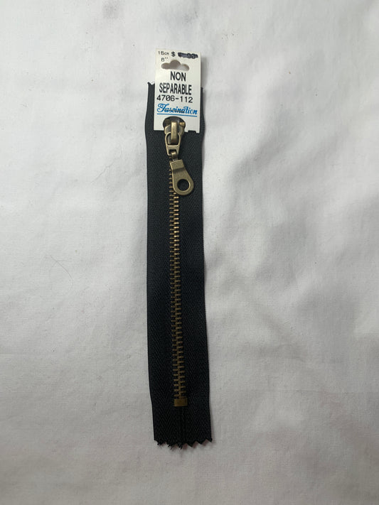 Metal Zipper, Non-Separating, 6 Inch, Black Color, New