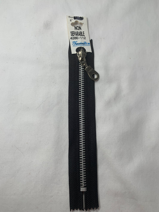 Metal Zipper, Non-Separating, 6 Inch, Black Color, New