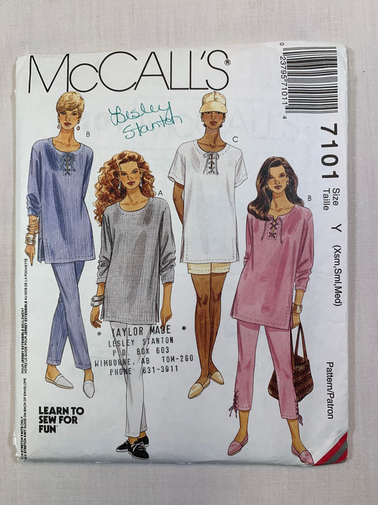 McCall's Sewing Pattern 7101 Misses' Tunic, Pants, Shorts, Stretch Knit Only, Loose-Fitting, Pullover, Long/Short Sleeves, Size 4-14, Uncut, Vintage 1994