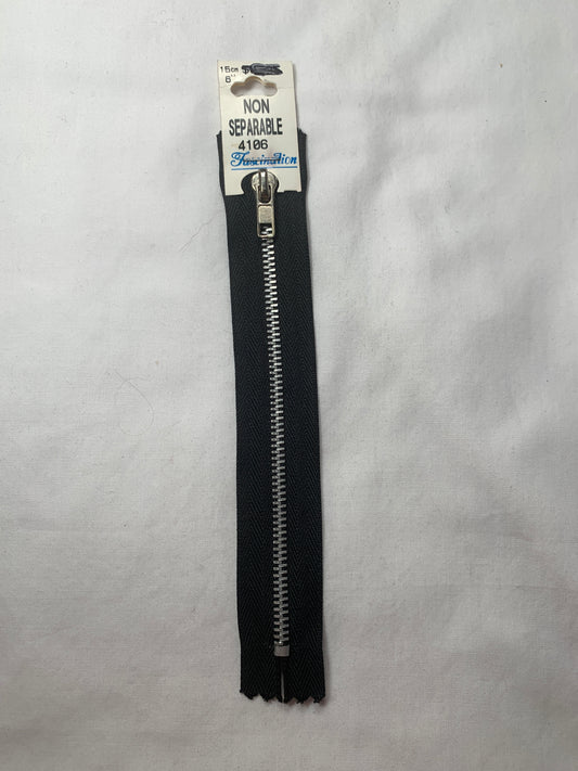 Metal Zipper, Non-Separating, 6 Inch, Black Color, New