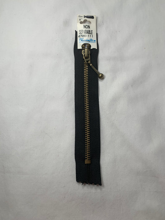 Metal Zipper, Non-Separating, 6 Inch, Black Color, New