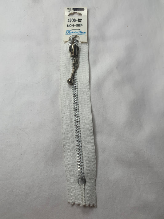 Metal Zipper, Non-Separating, 6 Inch, White Color, New