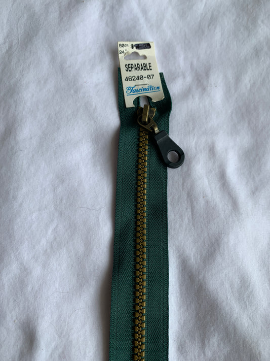 Molded Plastic Zipper, Separating, 24 Inch, Forest Green Color, New