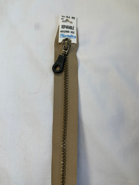 Molded Plastic Zipper, Separating, 28 Inch, Light Brown Color, New