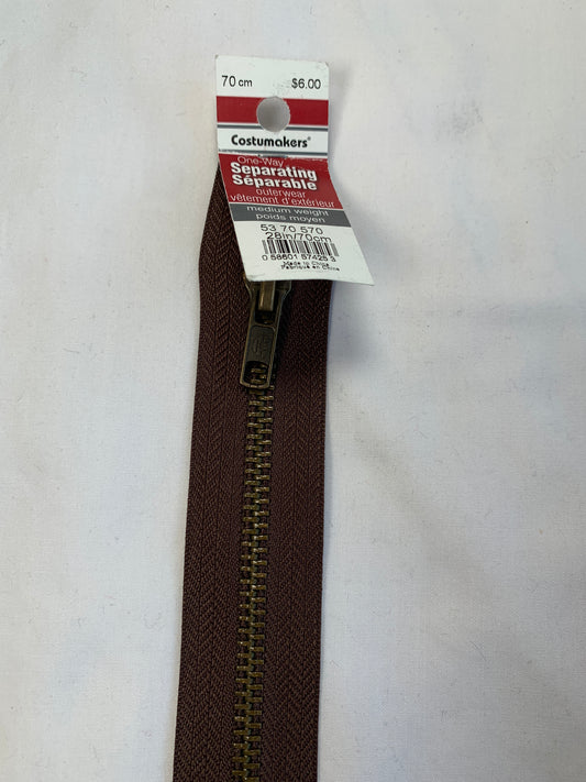 Molded Plastic Zipper, Separating, 28 Inch, Medium Brown Color, New