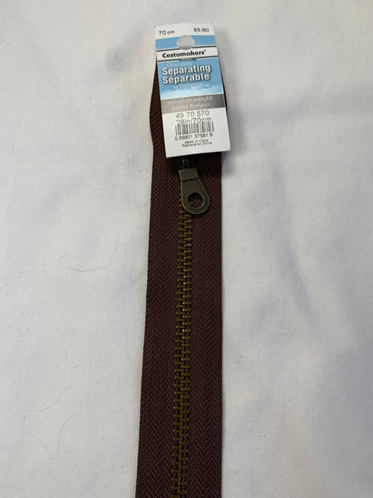 Molded Plastic Zipper, Separating, 28 Inch, Medium Brown Color, New