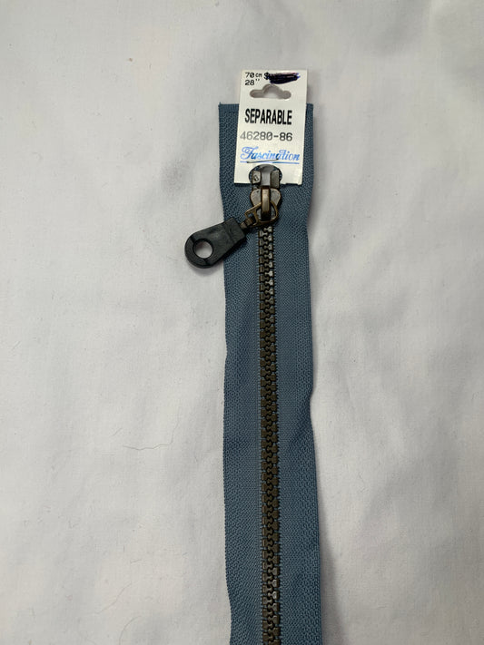 Molded Plastic Zipper, Separating, 28 Inch, Blueish Grey Color, New