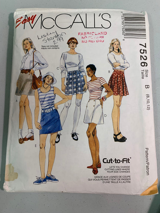 McCall's Sewing Pattern 7526 Misses' Skirts, A-Line, Flared, Zipper Back, Wrap, Darts, Size 8-12, Uncut, Vintage 1995