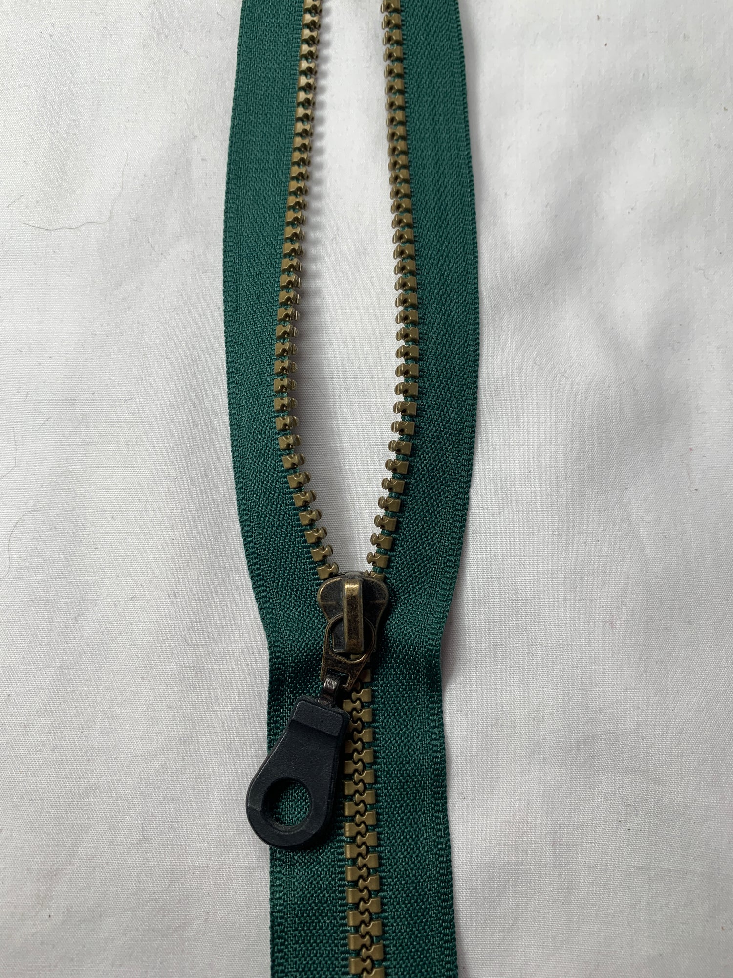 Molded Plastic Zipper, Separating, 22 Inch, Forest Green Color, Black Pull, New