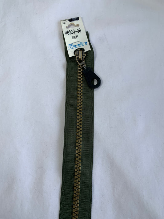 Molded Plastic Zipper, Separating, 22 Inch, Olive Green Color, Black Pull, New