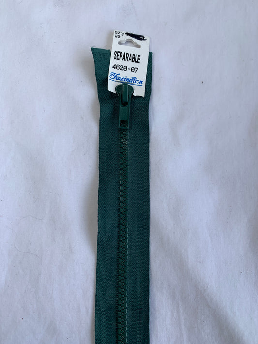 Molded Plastic Zipper, Separating, 20 Inch, Medium Green Color, New