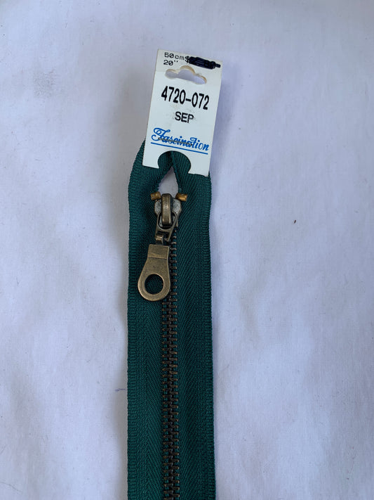 Molded Plastic Zipper, Separating, 20 Inch, Medium Green Color, New
