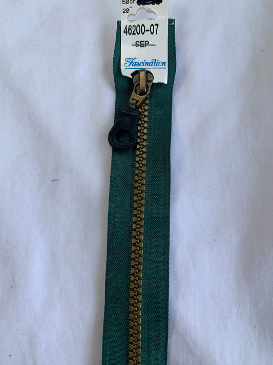 Molded Plastic Zipper, Separating, 20 Inch, Medium Green Color, New