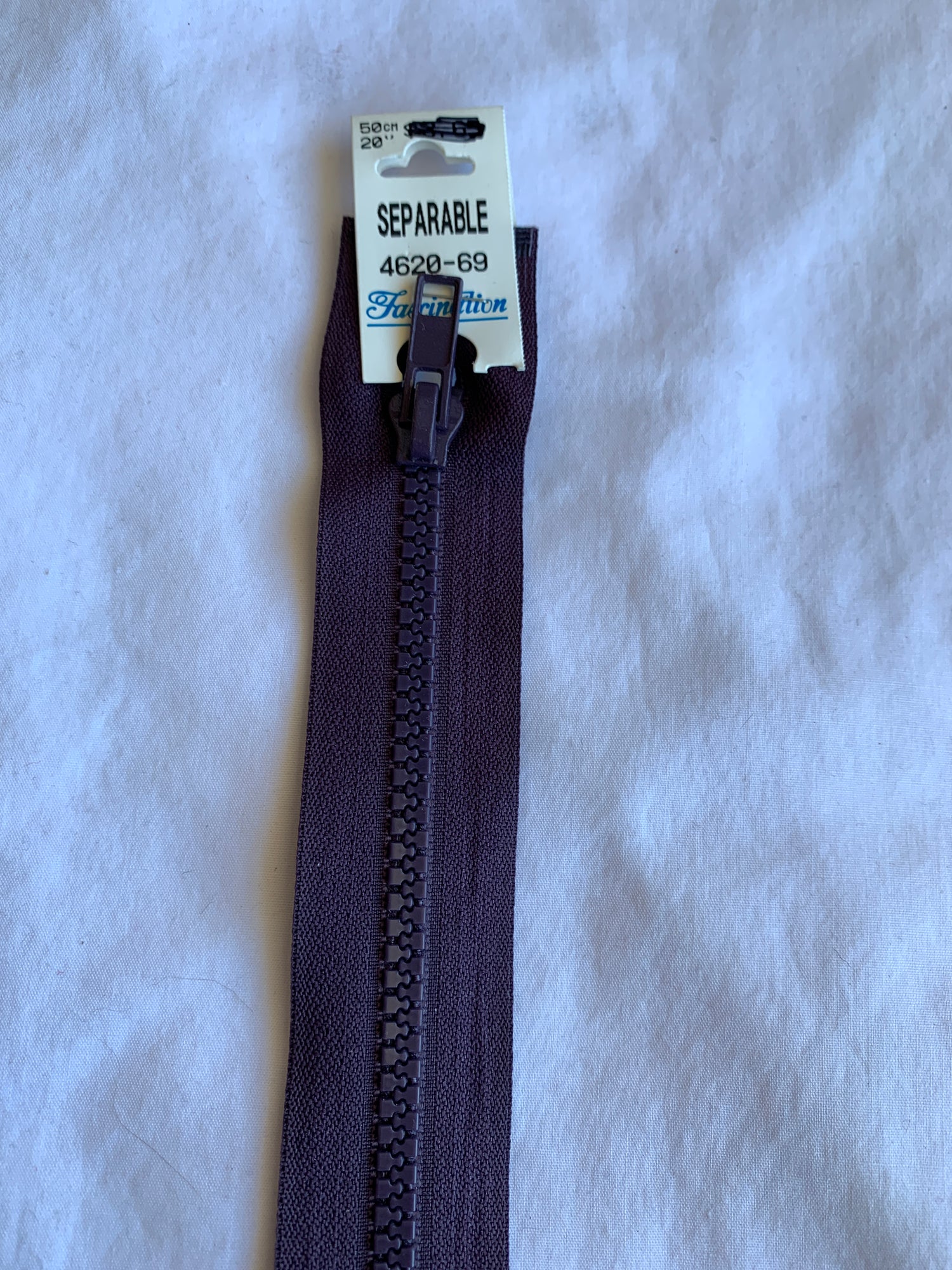 Molded Plastic Zipper, Separating, 20 Inch, Dark Violet Color, New 